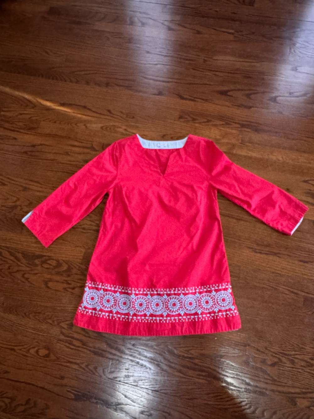 Kate Spade Pink/Red Light Blue Embroidered V-Neck Tunic Blouse 3/4 Sleeve S/M